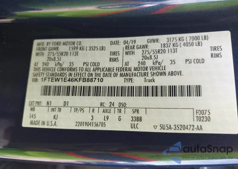 2019 Ford F-150 King Ranch z USA, uszkodzony, nr VIN 1FTEW1E46KFB88710